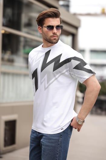 Beyaz Baskılı %100 Pamuk Erkek T-shirt E7111