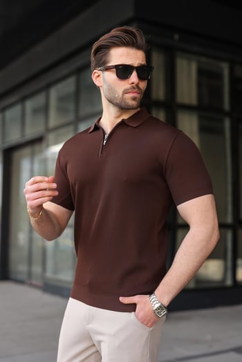 Kahverengi Yarım Fermuarlı Polo Yaka Triko Erkek Tişört E7459