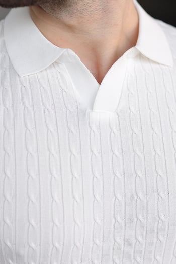 Beyaz Slim Fit Polo Yaka Triko Erkek Tişört E7472