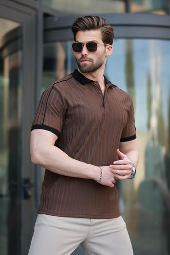Kahverengi Desenli Polo Yaka Triko Erkek Tişört E7155
