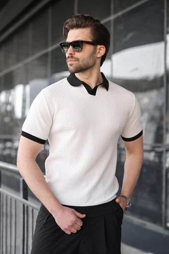 Beyaz Polo Yaka Triko Erkek Tişört E7464