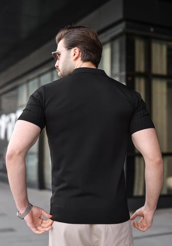 Siyah Slim Fit Polo Yaka Triko Erkek Tişört E7472