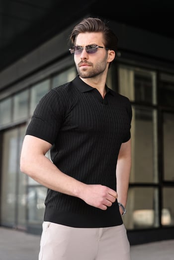 Siyah Slim Fit Polo Yaka Triko Erkek Tişört E7472