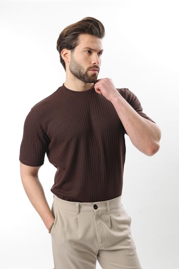 Kahverengi  Dokulu Çizgi Tasarım Bisiklet Yaka Erkek T-shirt E7122