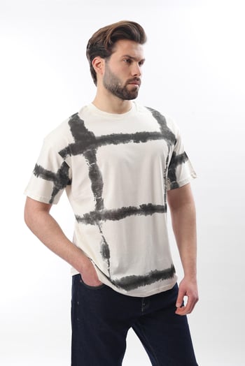 Ekru Bisiklet Yaka Baskılı Basic Erkek T-shirt E7109