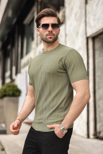 Madmext Erkek Haki Triko Tişört 5684