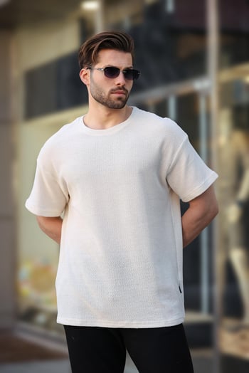 Madmext Ekru Bisiklet Yaka Oversize Erkek T-shirt E7134