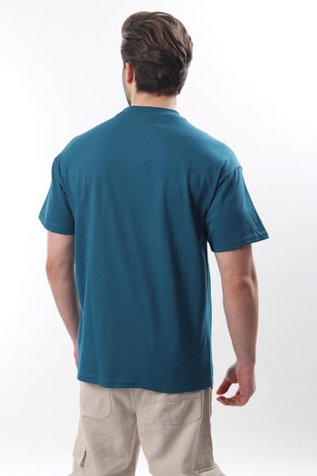 Petrol Mavisi Bisiklet Yaka Baskılı Erkek T-shirt E7110