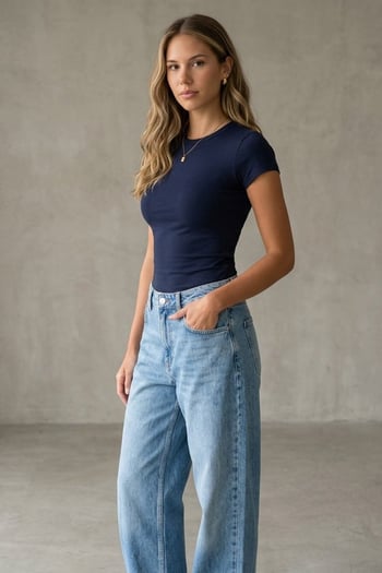 Lacivert Bisiklet Yaka Basic Kadın T-shirt Mg2479