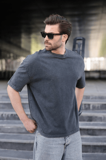Siyah %100 Pamuklu Oversize Erkek Tişört E7178