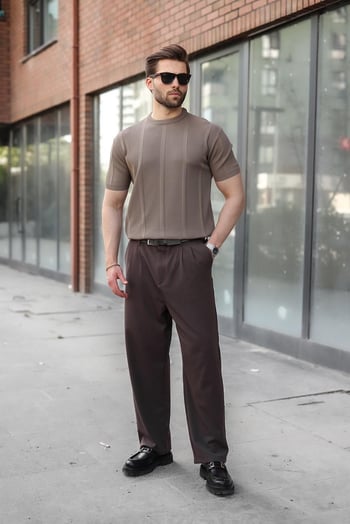 Açık Kahverengi Regular Fit Bisiklet Yaka Fitilli Triko Erkek Tişört E7490