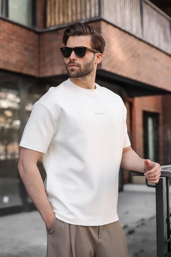 Ekru Bisiklet Yaka Oversize Erkek Tişört E7176