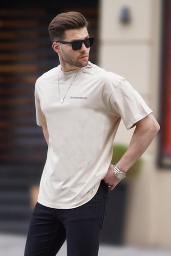Bej Oversize Baskılı Erkek Tişört 6192