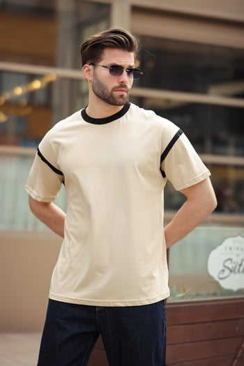 Madmext Bej Bisiklet Yaka Regular Fit Erkek T-shirt E7126