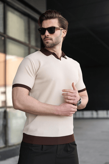 Taş Rengi Polo Yaka Triko Erkek Tişört E7464