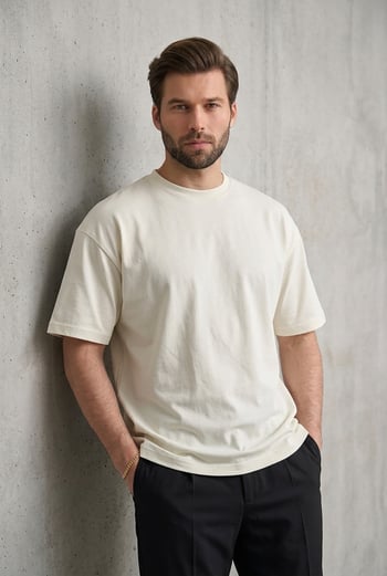 Erkek Ekru Oversize Fit Basic Tişört 6066