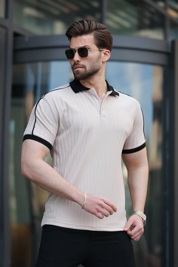 Bej Desenli Polo Yaka Triko Erkek Tişört E7155 Tişört