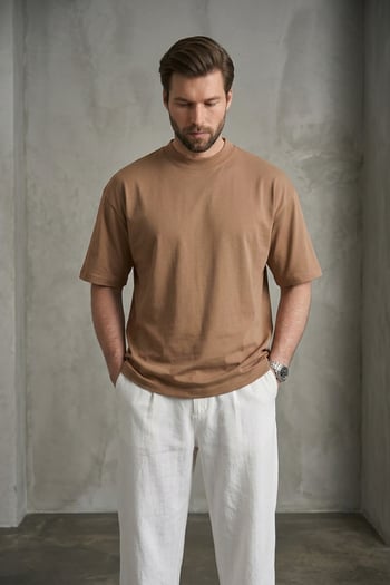 Erkek Vizon Oversize Fit Basic Tişört 6066