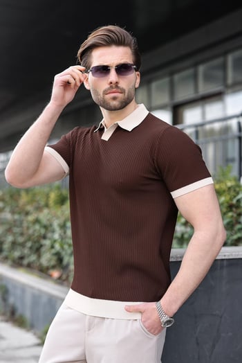 Kahverengi Polo Yaka Triko Erkek Tişört E7464