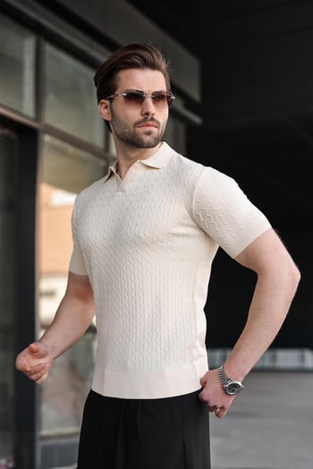 Taş Rengi Slim Fit Polo Yaka Triko Erkek Tişört E7472