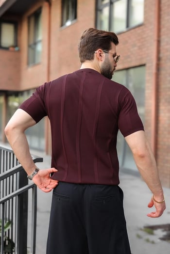 Mürdüm Regular Fit Bisiklet Yaka Fitilli Triko Erkek Tişört E7490