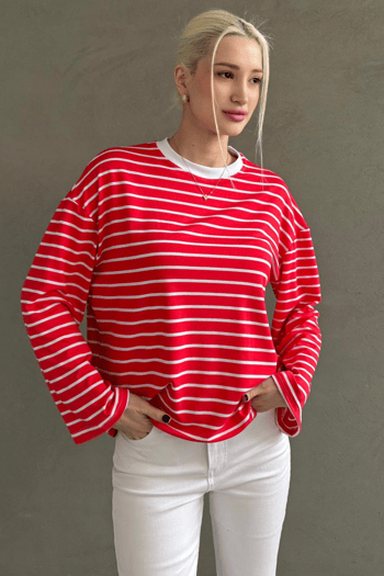 Kırmızı Bisiklet Yaka Çizgili Uzun Kollu Tişört MG2362