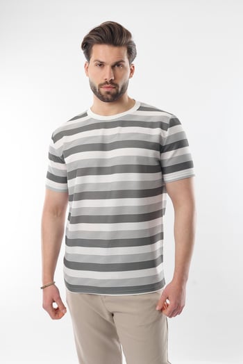 Haki Bisiklet Yaka Çizgili Erkek T-shirt E7118