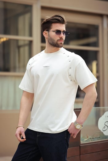 Ekru Baskılı Nakış Detaylı Erkek T-shirt E7108