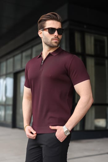 Mürdüm Yarım Fermuarlı Polo Yaka Triko Erkek Tişört E7459