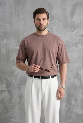 Erkek Kahverengi Oversize Fit Basic Tişört 6066