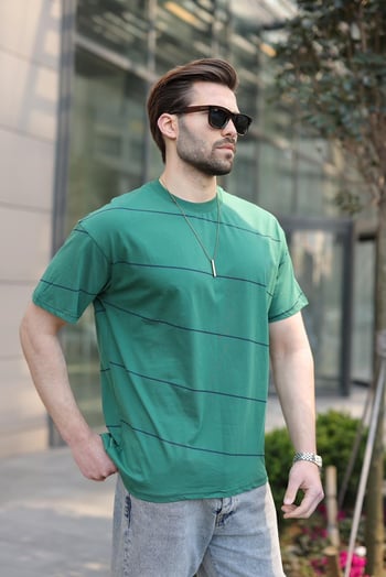 Koyu Yeşil Bisiklet Yaka Basic Çizgili Erkek T-shirt E7102