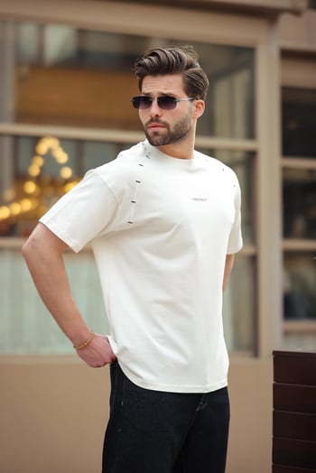 Ekru Baskılı Nakış Detaylı Erkek T-shirt E7108