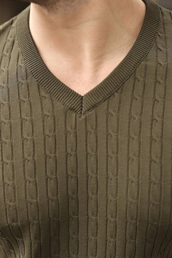 Haki V Yaka Kısa Kollu Triko Erkek Tişört E7467