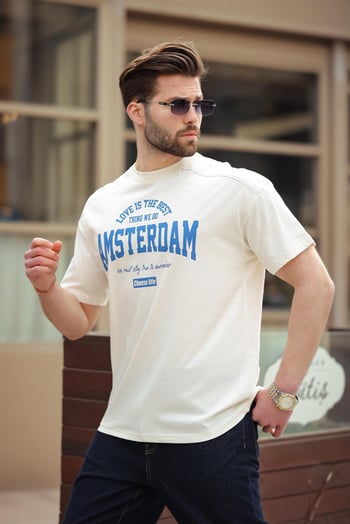 Madmext Ekru Baskılı Erkek Tişört E7124