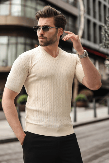 Taş Rengi V Yaka Kısa Kollu Triko Erkek Tişört E7467