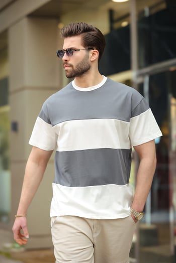 Füme Oversize Renk Bloklu Bisiklet Yaka Tişört 7020