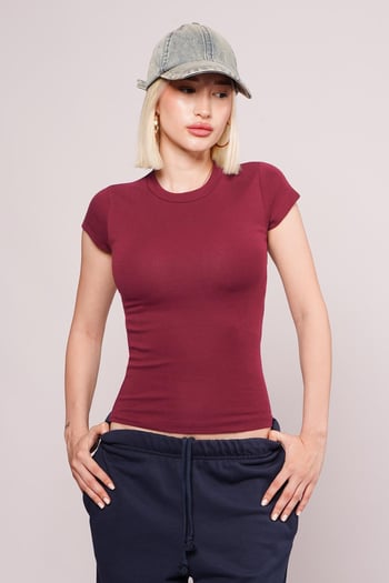 Bordo Bisiklet Yaka Basic Kadın T-shirt Mg2479