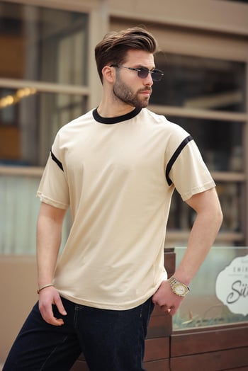 Madmext Bej Bisiklet Yaka Regular Fit Erkek T-shirt E7126