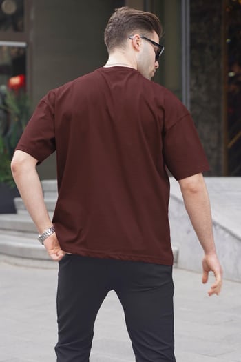 Erkek Acı Kahverengi Oversize Fit Basic Tişört 6066