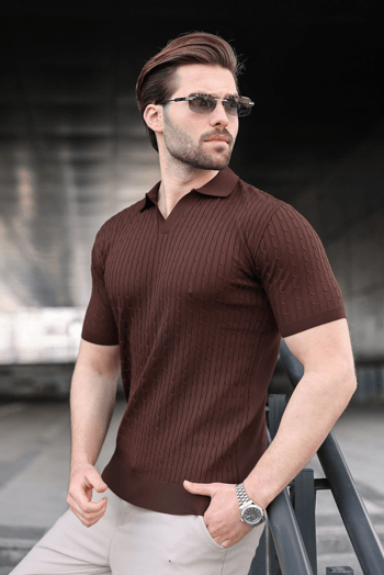 Kahverengi Slim Fit Polo Yaka Triko Erkek Tişört E7472
