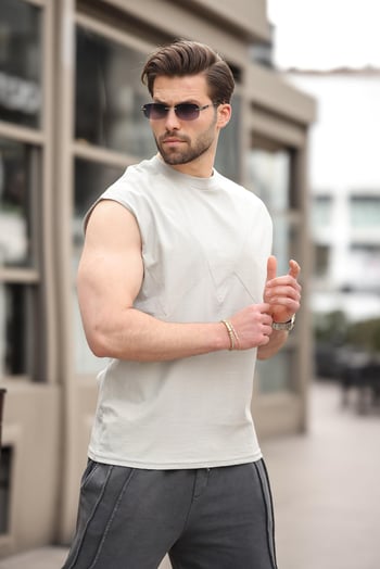 Boyalı Gri Kolsuz %100 Pamuklu Basic Erkek T-shirt E7137