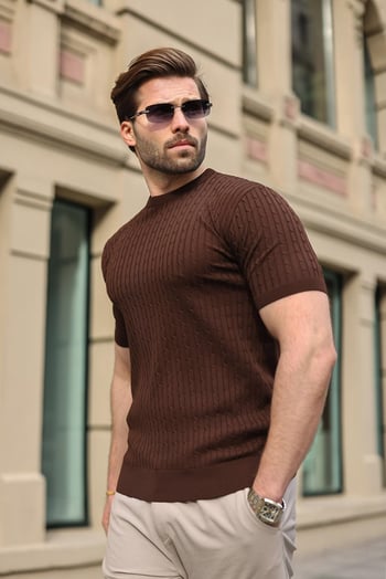 Kahverengi Bisiklet Yaka Triko Erkek Tişört E7468