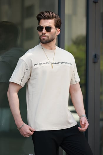 Bej Bisiklet Yaka Baskılı Basic Tişört E7156