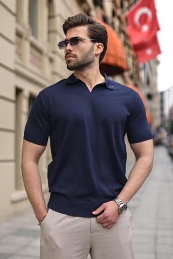 Lacivert Polo Yaka Triko Kısa Kollu Erkek Tişört E7463