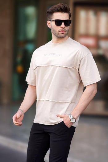 Bej Oversize Baskılı Bisiklet Yaka Tişört 7017