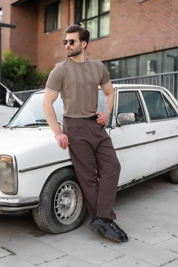 Açık Kahverengi Bisiklet Yaka Regular Fit Triko Erkek Tişört E7487