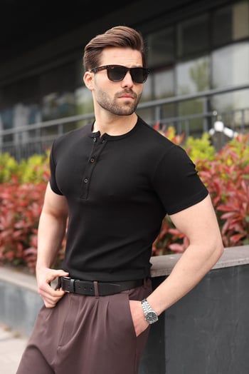 Siyah Yarım Düğmeli Slim Fit Erkek Tişört E7186