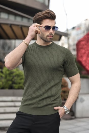 Haki Bisiklet Yaka Triko Erkek Tişört E7468