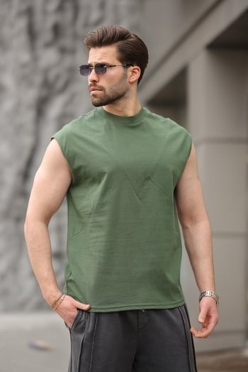 Haki Kolsuz %100 Pamuklu Basic Erkek T-shirt E7137