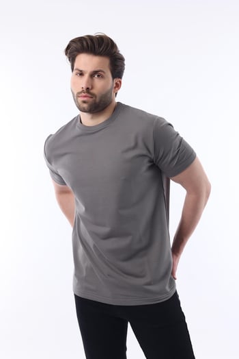 Füme Bisiklet Yaka Basic Kısa Kollu Tişört 7042